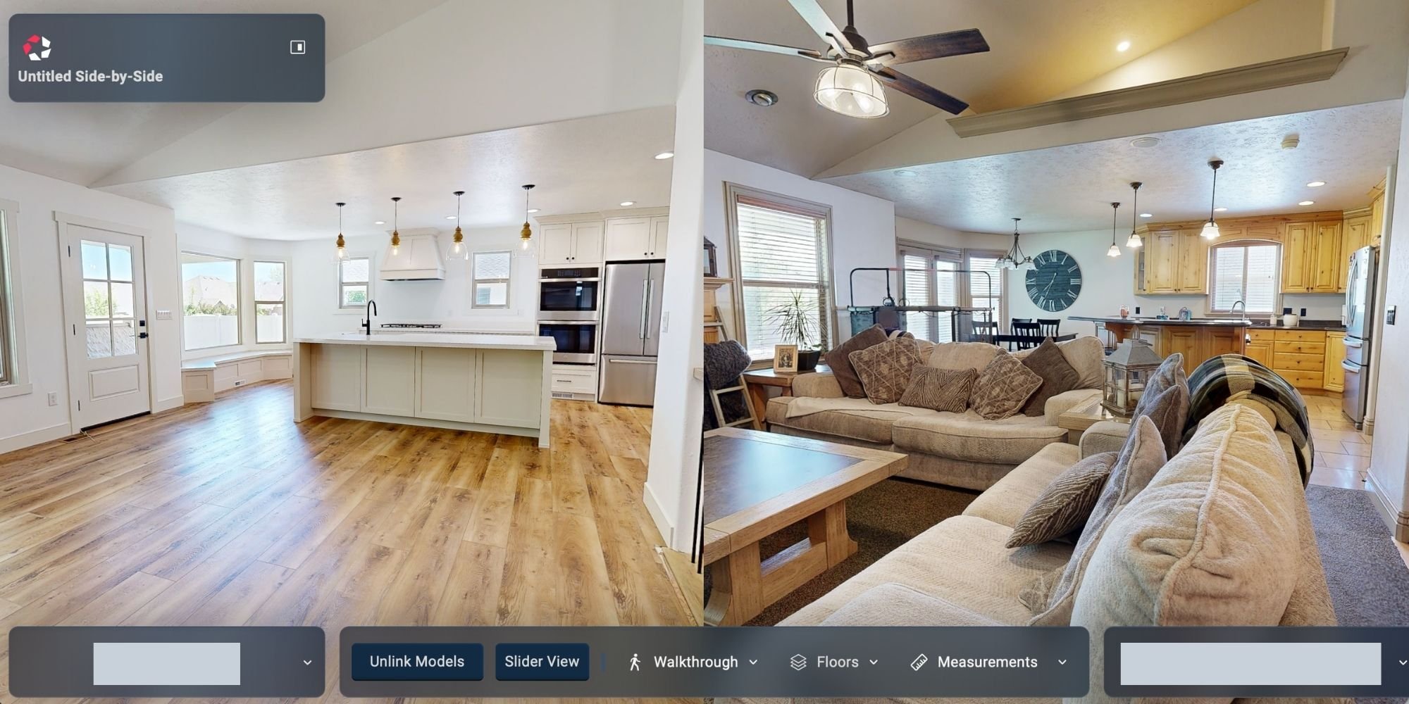 Matterport screenshot showing a side-by-side before and after view of a remodeled kitchen and living area by Marshall Homes