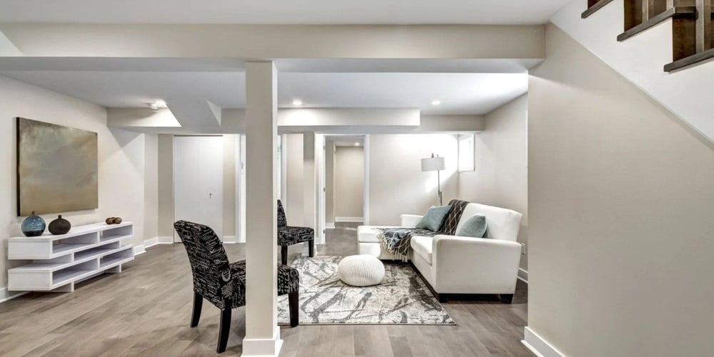 White themed basement with furniture basment remodel UTAH