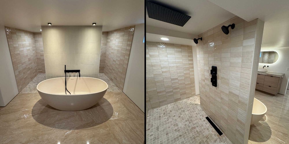 Remodeled bathroom in a basement with neutral colors, a soaking tub, and walk-in shower by Marshall Homes