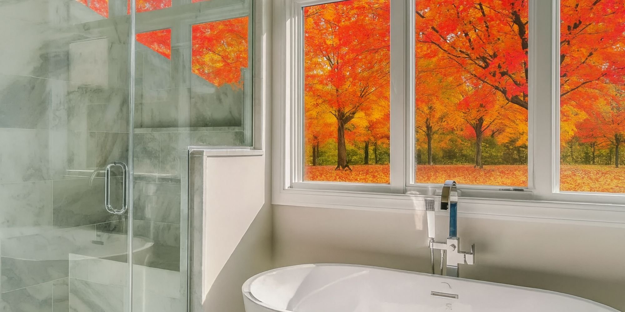 Modern bathroom remodel in Salt Lake City featuring marble tile and bright window views